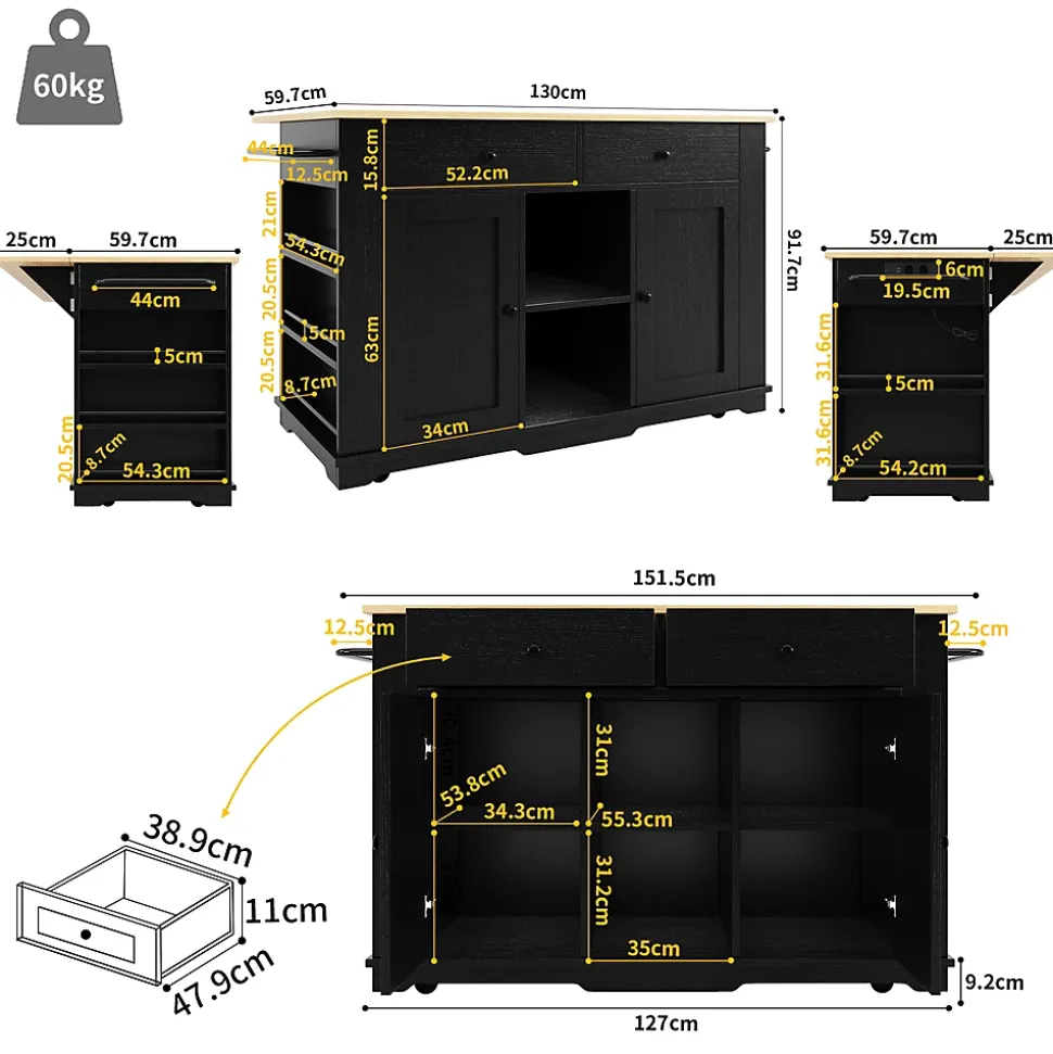 Îlot de Cuisine Mobile avec Plan de Travail, Prise Intégrée et Rangement Multifonction - MDF et Métal - Noir 151,5x84,7x91,7 cm
