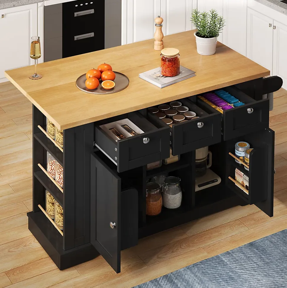 Îlot de Cuisine Mobile avec Table Pliante et Prise Intégrée, desserte avec Tiroir et Étagères - Noir - 132x40-70x87 cm