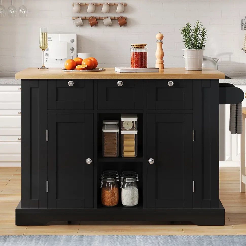 Îlot de Cuisine Mobile avec Table Pliante et Prise Intégrée, desserte avec Tiroir et Étagères - Noir - 132x40-70x87 cm