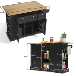 Îlot de Cuisine Mobile avec Table Pliante et Prise Intégrée, desserte avec Tiroir et Étagères - Noir - 132x40-70x87 cm