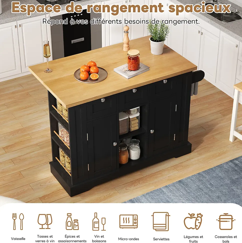 Îlot de Cuisine Mobile avec Table Pliante et Prise Intégrée, desserte avec Tiroir et Étagères - Noir - 132x40-70x87 cm