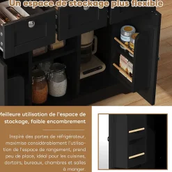 Îlot de Cuisine Mobile avec Table Pliante et Prise Intégrée, desserte avec Tiroir et Étagères - Noir - 132x40-70x87 cm