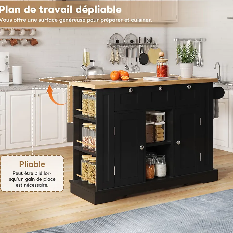 Îlot de Cuisine Mobile avec Table Pliante et Prise Intégrée, desserte avec Tiroir et Étagères - Noir - 132x40-70x87 cm