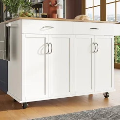 Îlot de Cuisine Mobile avec Plan de Travail et Espace de Rangement, design Compact - Métal + MDF - Blanc - 128x50-78x90,5 cm