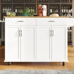 Îlot de Cuisine Mobile avec Plan de Travail et Espace de Rangement, design Compact - Métal + MDF - Blanc - 128x50-78x90,5 cm