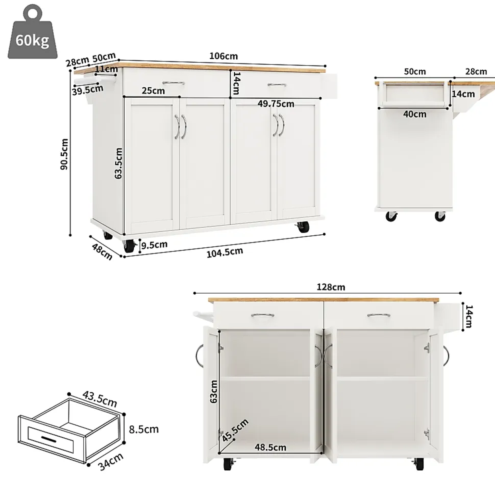 Îlot de Cuisine Mobile avec Plan de Travail et Espace de Rangement, design Compact - Métal + MDF - Blanc - 128x50-78x90,5 cm