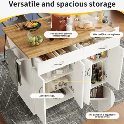 Îlot de Cuisine Mobile avec Plan de Travail et Espace de Rangement, design Compact - Métal + MDF - Blanc - 128x50-78x90,5 cm