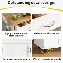 Îlot de Cuisine Mobile avec Plan de Travail et Espace de Rangement, design Compact - Métal + MDF - Blanc - 128x50-78x90,5 cm