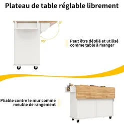 Îlot de Cuisine Mobile avec Plan de Travail et Espace de Rangement, design Compact - Métal + MDF - Blanc - 128x50-78x90,5 cm