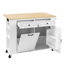 Îlot de Cuisine Mobile avec Table Extensible, Poubelle Intégrée, Porte-Serviette et Prise Électrique, Blanc, 120x40-70x92 cm