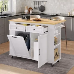 Îlot de Cuisine Mobile avec Table Extensible, Poubelle Intégrée, Porte-Serviette et Prise Électrique, Blanc, 120x40-70x92 cm