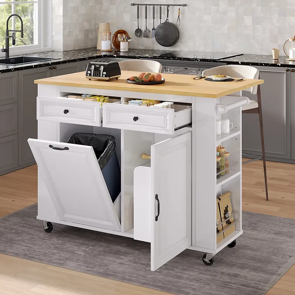 Îlot de Cuisine Mobile avec Table Extensible, Poubelle Intégrée, Porte-Serviette et Prise Électrique, Blanc, 120x40-70x92 cm