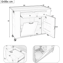 Îlot de Cuisine Mobile avec Table Extensible, Poubelle Intégrée, Porte-Serviette et Prise Électrique, Blanc, 120x40-70x92 cm