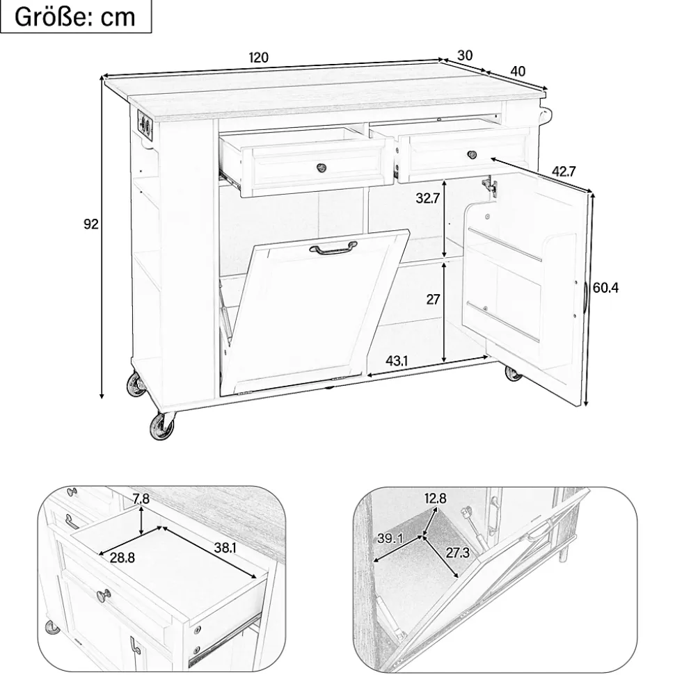 Îlot de Cuisine Mobile avec Table Extensible, Poubelle Intégrée, Porte-Serviette et Prise Électrique, Blanc, 120x40-70x92 cm