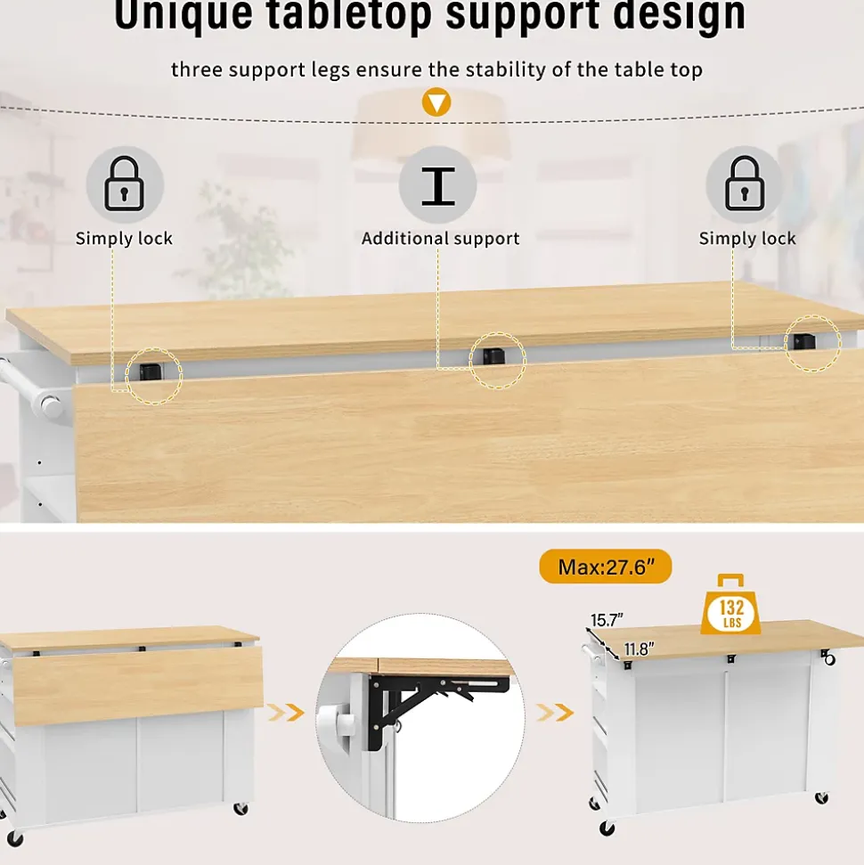 Îlot de Cuisine Mobile avec Table Extensible, Poubelle Intégrée, Porte-Serviette et Prise Électrique, Blanc, 120x40-70x92 cm