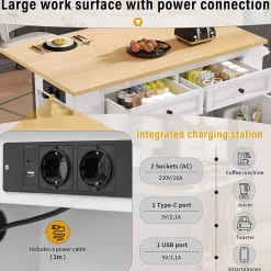 Îlot de Cuisine Mobile avec Table Extensible, Poubelle Intégrée, Porte-Serviette et Prise Électrique, Blanc, 120x40-70x92 cm