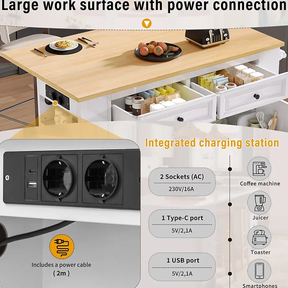 Îlot de Cuisine Mobile avec Table Extensible, Poubelle Intégrée, Porte-Serviette et Prise Électrique, Blanc, 120x40-70x92 cm