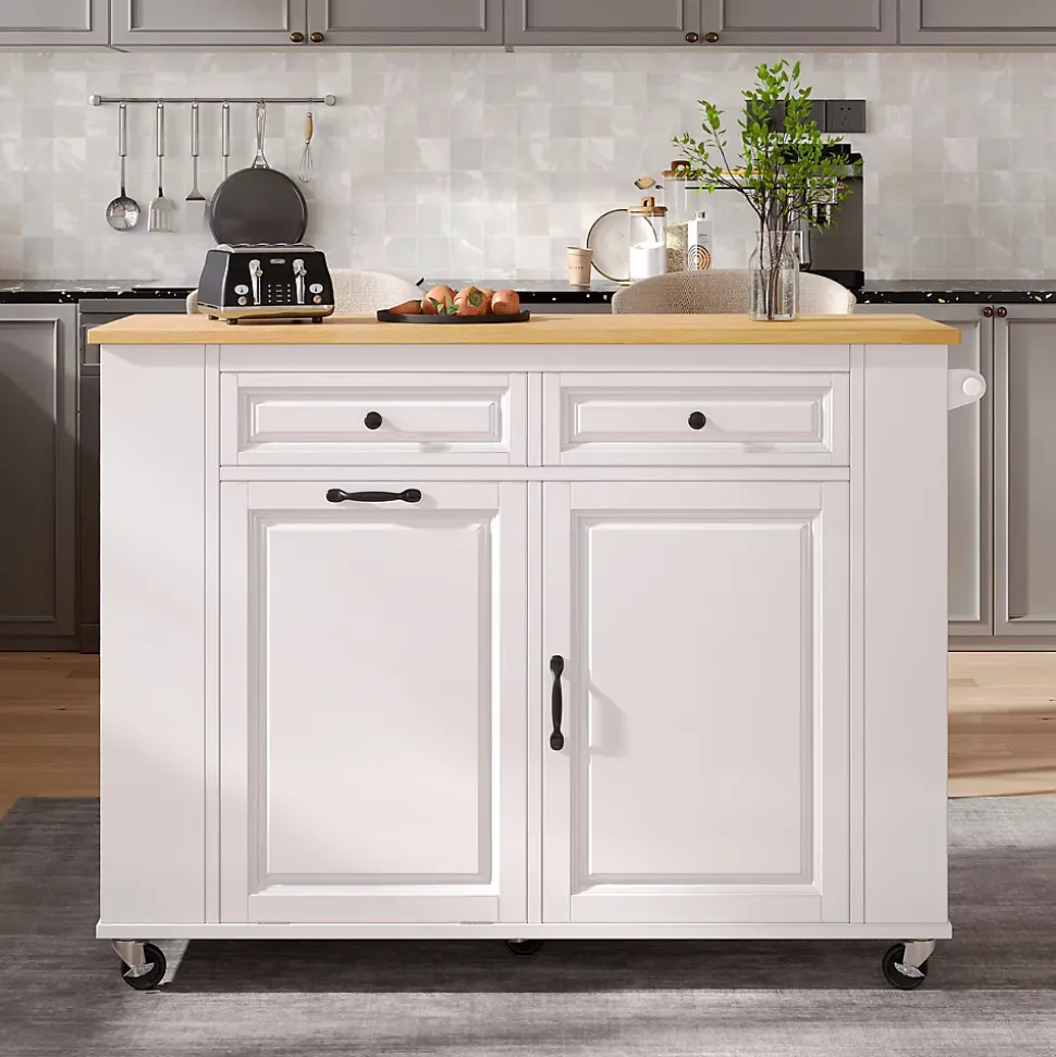 Îlot de Cuisine Mobile avec Table Extensible, Poubelle Intégrée, Porte-Serviette et Prise Électrique, Blanc, 120x40-70x92 cm