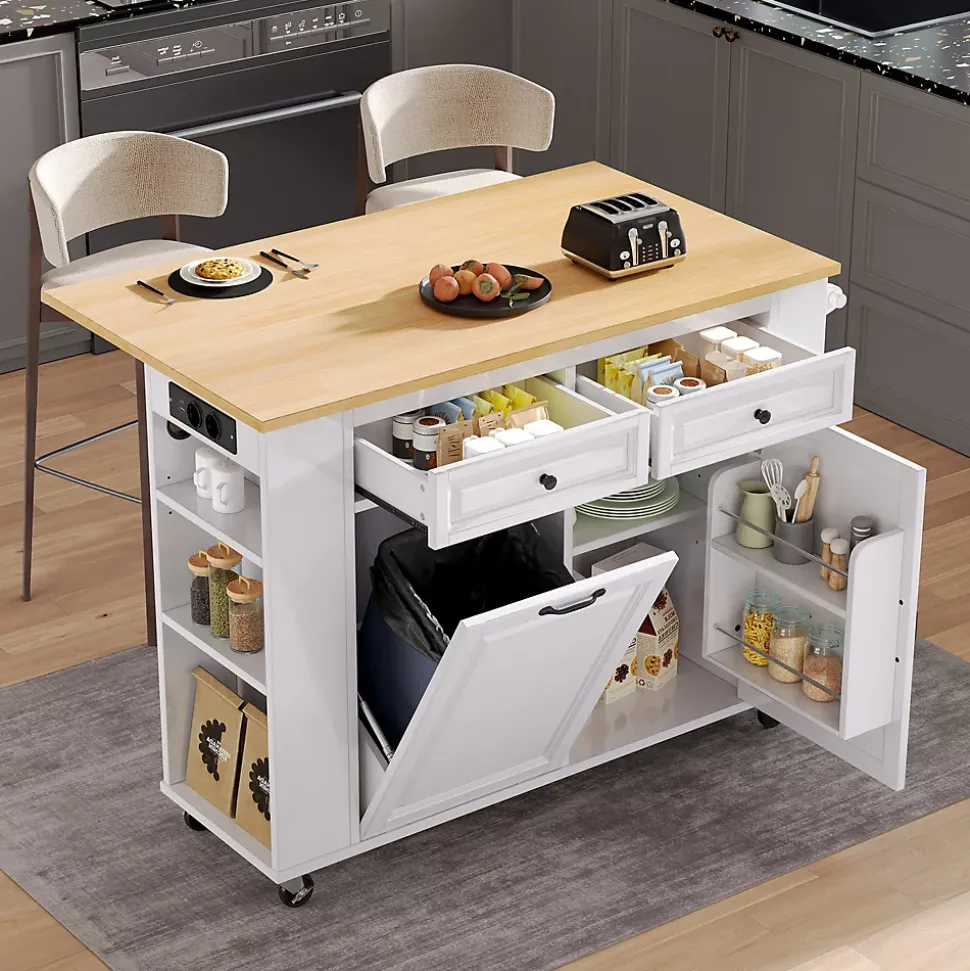 Îlot de Cuisine Mobile avec Table Extensible, Poubelle Intégrée, Porte-Serviette et Prise Électrique, Blanc, 120x40-70x92 cm