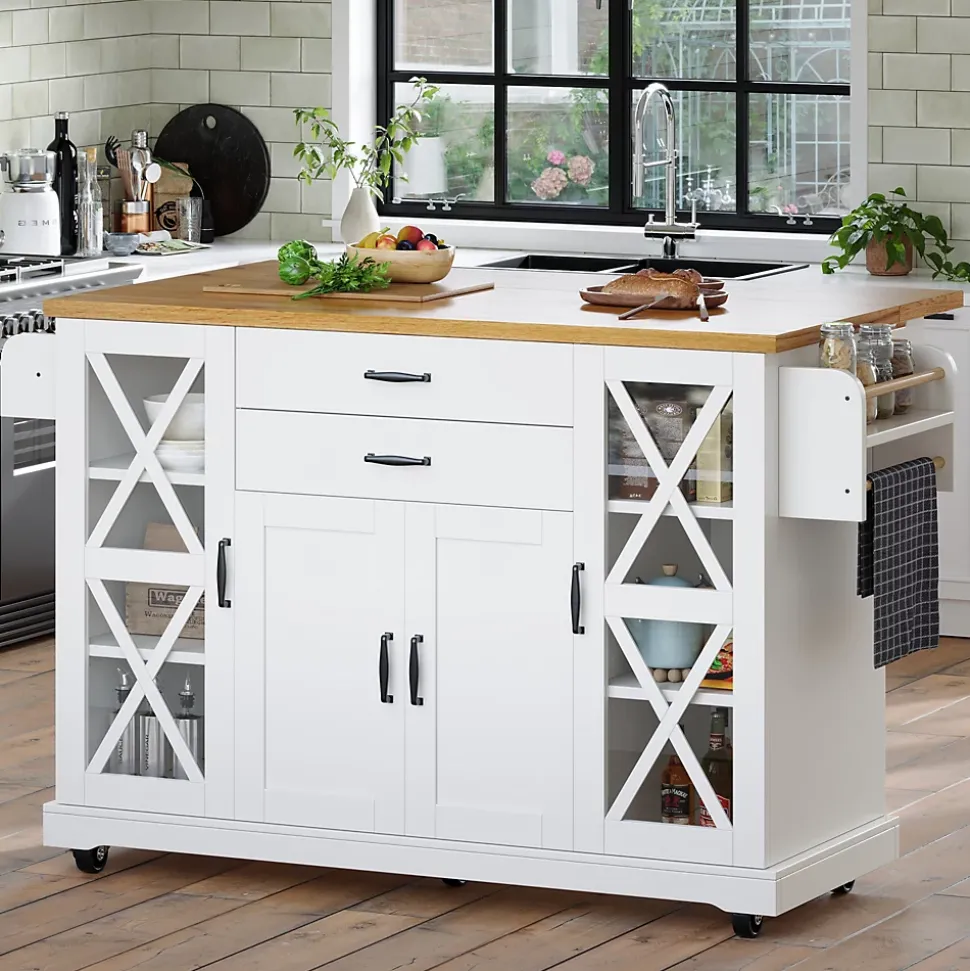 Îlot de Cuisine Mobile avec Roulettes - 4 Portes dont 2 Vitrées, 2 Tiroirs, Étagères Réglables, 120x40x94,5 cm, Blanc