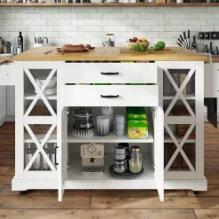 Îlot de Cuisine Mobile avec Roulettes - 4 Portes dont 2 Vitrées, 2 Tiroirs, Étagères Réglables, 120x40x94,5 cm, Blanc