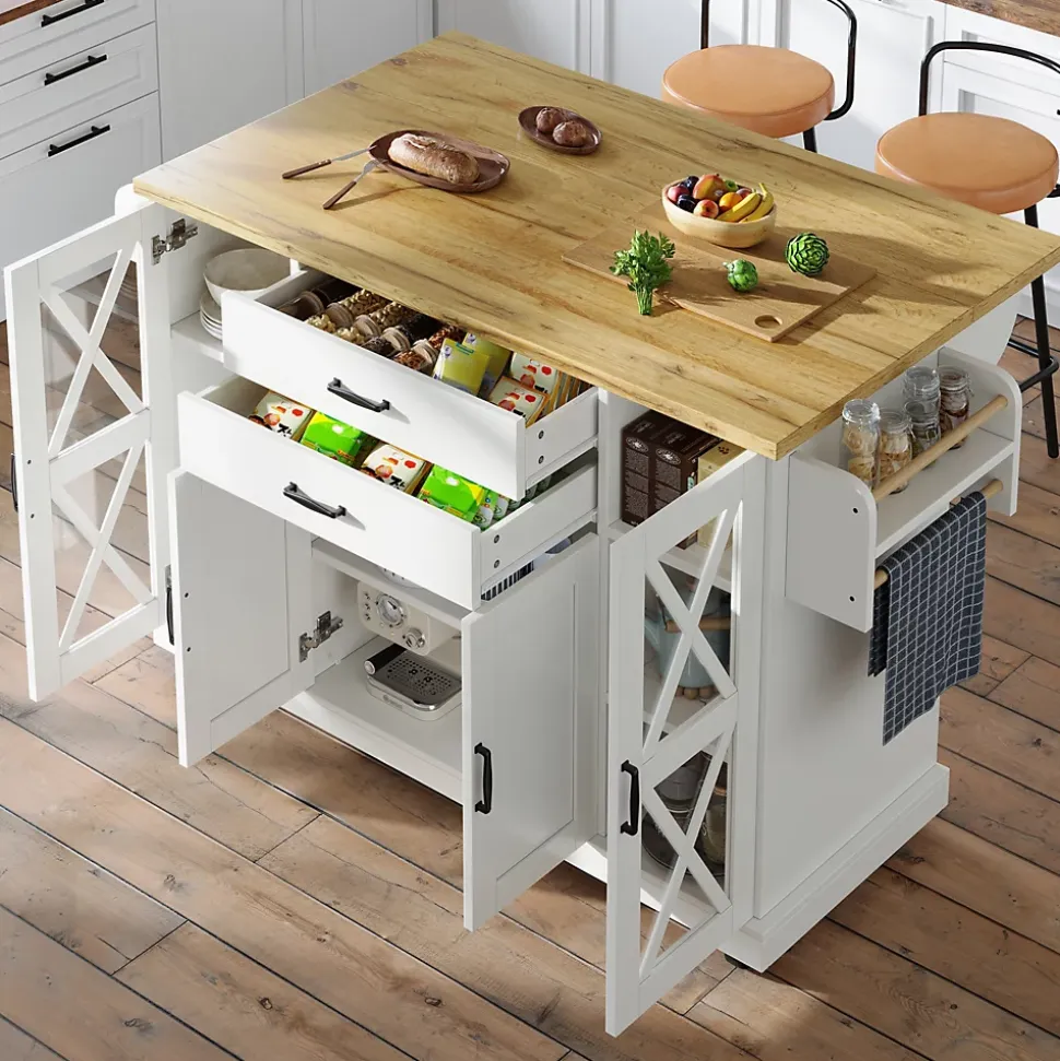 Îlot de Cuisine Mobile avec Roulettes - 4 Portes dont 2 Vitrées, 2 Tiroirs, Étagères Réglables, 120x40x94,5 cm, Blanc