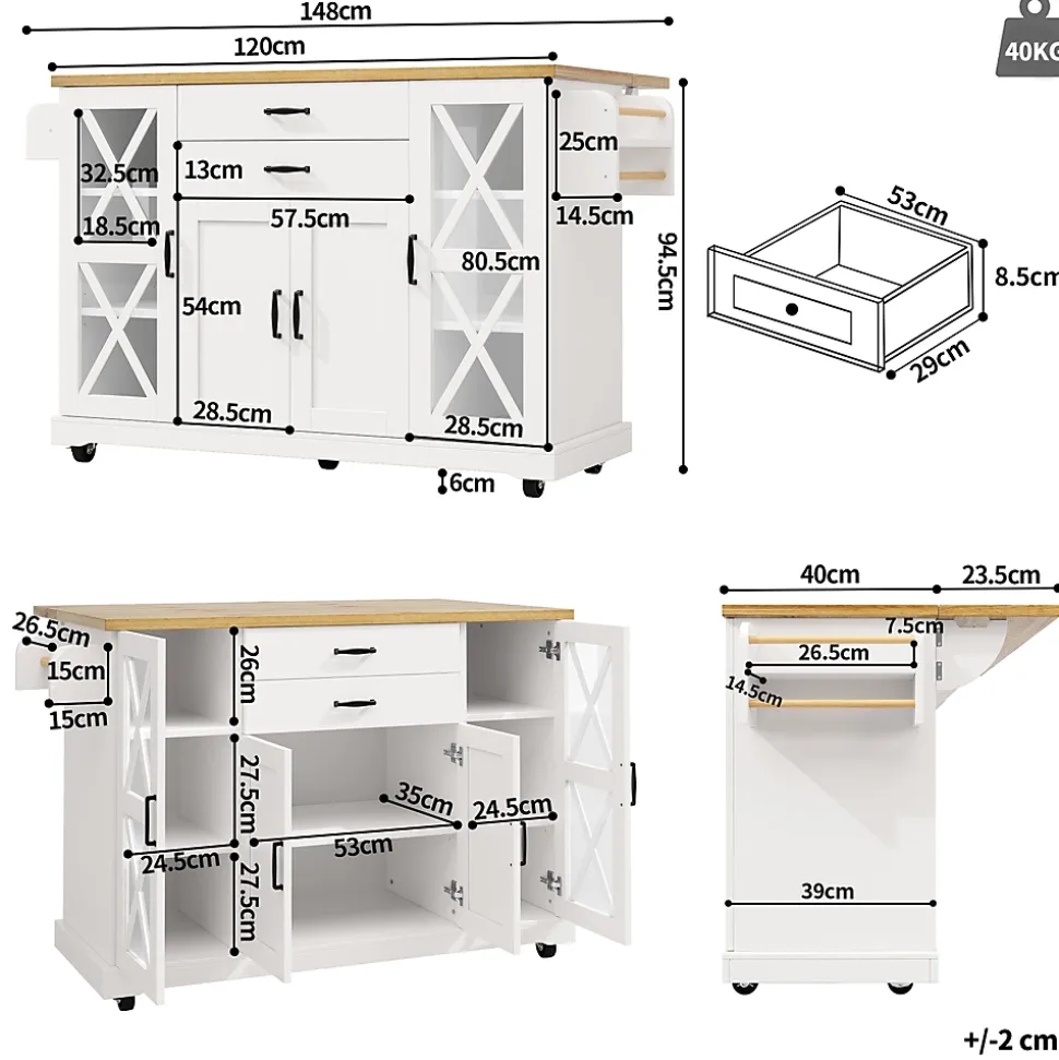 Îlot de Cuisine Mobile avec Roulettes - 4 Portes dont 2 Vitrées, 2 Tiroirs, Étagères Réglables, 120x40x94,5 cm, Blanc