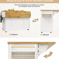 Îlot de Cuisine Mobile avec Roulettes - 4 Portes dont 2 Vitrées, 2 Tiroirs, Étagères Réglables, 120x40x94,5 cm, Blanc