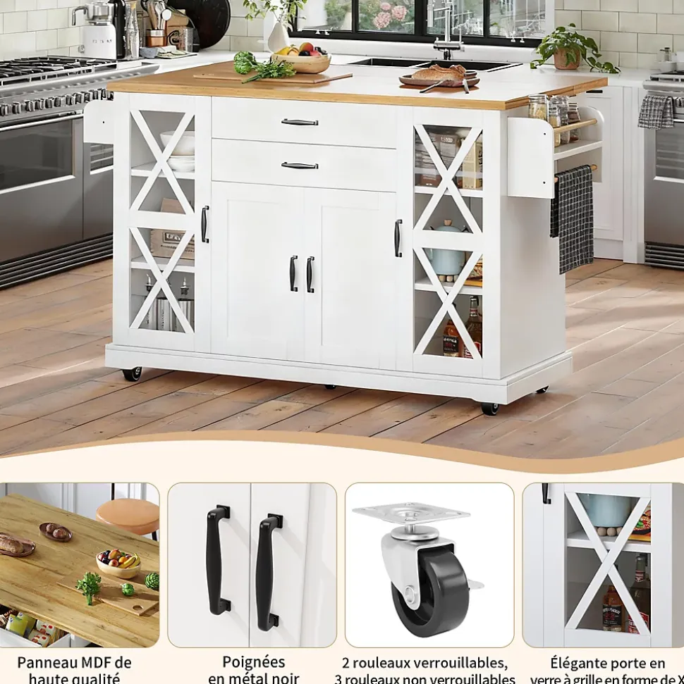Îlot de Cuisine Mobile avec Roulettes - 4 Portes dont 2 Vitrées, 2 Tiroirs, Étagères Réglables, 120x40x94,5 cm, Blanc