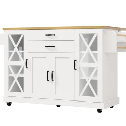 Îlot de Cuisine Mobile avec Roulettes - 4 Portes dont 2 Vitrées, 2 Tiroirs, Étagères Réglables, 120x40x94,5 cm, Blanc