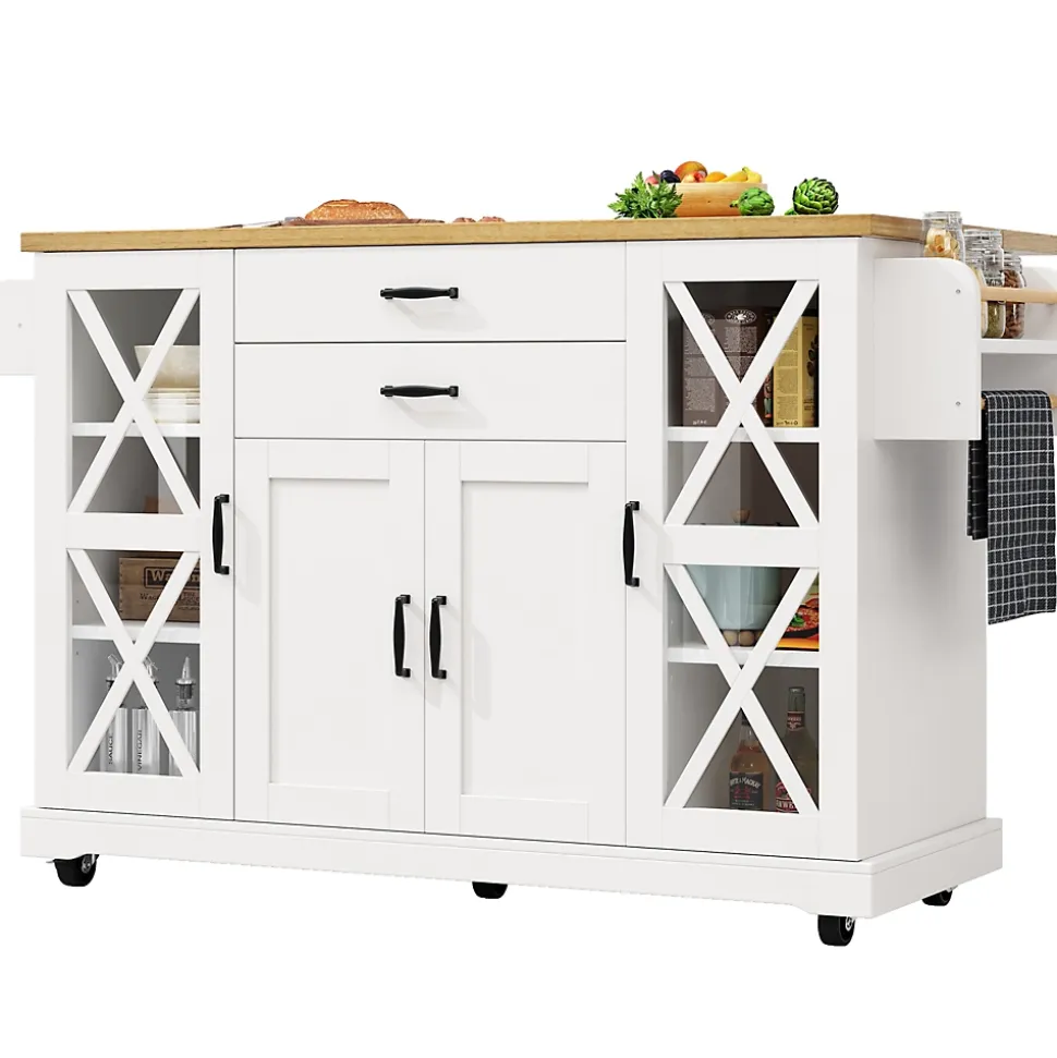 Îlot de Cuisine Mobile avec Roulettes - 4 Portes dont 2 Vitrées, 2 Tiroirs, Étagères Réglables, 120x40x94,5 cm, Blanc