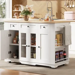 Îlot de Cuisine Mobile avec Plan de Travail, Portes en Verre et Séparateurs Amovibles - MDF et Métal - Blanc 151,5x60-85x91,7 cm