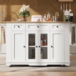 Îlot de Cuisine Mobile avec Plan de Travail, Portes en Verre et Séparateurs Amovibles - MDF et Métal - Blanc 151,5x60-85x91,7 cm