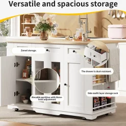 Îlot de Cuisine Mobile avec Plan de Travail, Portes en Verre et Séparateurs Amovibles - MDF et Métal - Blanc 151,5x60-85x91,7 cm