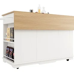 Îlot de Cuisine Mobile avec Plan de Travail, Portes en Verre et Séparateurs Amovibles - MDF et Métal - Blanc 151,5x60-85x91,7 cm