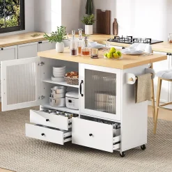 Îlot de Cuisine Mobile Blanc avec Roulettes, Surface Extensible, Rangement Intégré - MDF, 100x42-70x91,5 cm