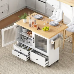 Îlot de Cuisine Mobile Blanc avec Roulettes, Surface Extensible, Rangement Intégré - MDF, 100x42-70x91,5 cm