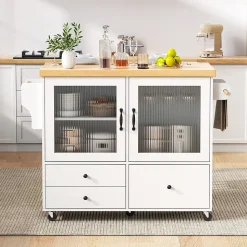 Îlot de Cuisine Mobile Blanc avec Roulettes, Surface Extensible, Rangement Intégré - MDF, 100x42-70x91,5 cm