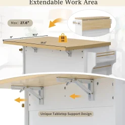 Îlot de Cuisine Mobile Blanc avec Roulettes, Surface Extensible, Rangement Intégré - MDF, 100x42-70x91,5 cm