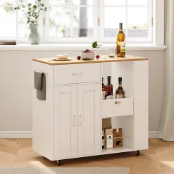 Îlot de cuisine mobile blanc avec plateau en chêne, Rangement modulable, tiroirs et étagères ouvertes, pratique et robuste