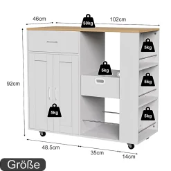 Îlot de cuisine mobile blanc avec plateau en chêne, Rangement modulable, tiroirs et étagères ouvertes, pratique et robuste