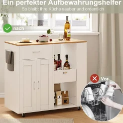 Îlot de cuisine mobile blanc avec plateau en chêne, Rangement modulable, tiroirs et étagères ouvertes, pratique et robuste