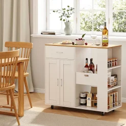 Îlot de cuisine mobile blanc avec plateau en chêne, Rangement modulable, tiroirs et étagères ouvertes, pratique et robuste