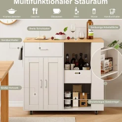 Îlot de cuisine mobile blanc avec plateau en chêne, Rangement modulable, tiroirs et étagères ouvertes, pratique et robuste