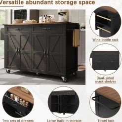 Îlot de Cuisine Mobile Multifonction avec Plan Extensible, 4 Portes, 2 Tiroirs, Grand Rangement, MDF et Métal, Noir, 140x72x93 cm