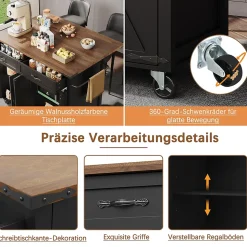 Îlot de Cuisine Mobile Multifonction avec Plan Extensible, 4 Portes, 2 Tiroirs, Grand Rangement, MDF et Métal, Noir, 140x72x93 cm