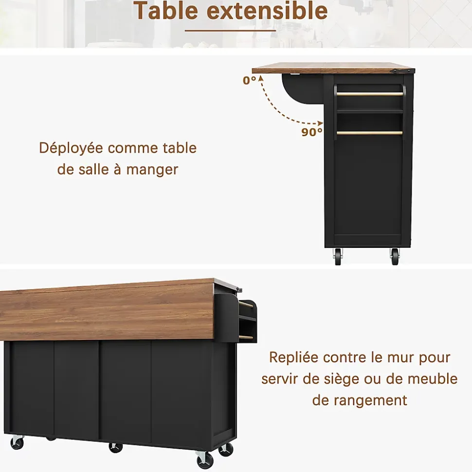 Îlot de Cuisine Mobile Multifonction avec Plan Extensible, 4 Portes, 2 Tiroirs, Grand Rangement, MDF et Métal, Noir, 140x72x93 cm