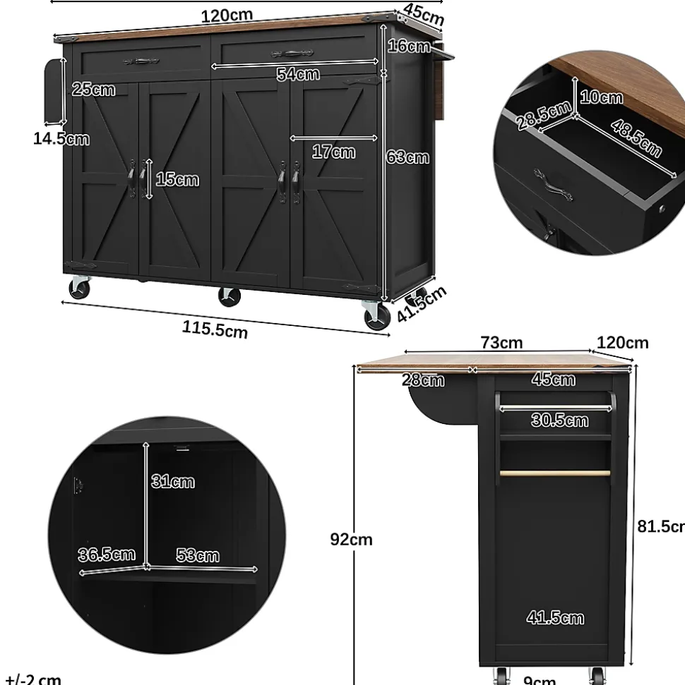 Îlot de Cuisine Mobile Multifonction avec Plan Extensible, 4 Portes, 2 Tiroirs, Grand Rangement, MDF et Métal, Noir, 140x72x93 cm