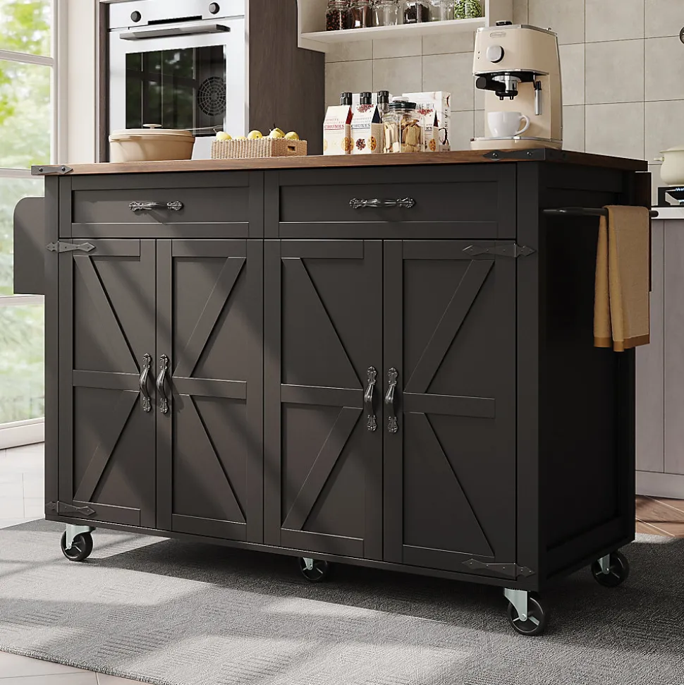Îlot de Cuisine Mobile Multifonction avec Plan Extensible, 4 Portes, 2 Tiroirs, Grand Rangement, MDF et Métal, Noir, 140x72x93 cm