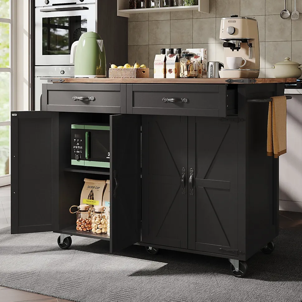 Îlot de Cuisine Mobile Multifonction avec Plan Extensible, 4 Portes, 2 Tiroirs, Grand Rangement, MDF et Métal, Noir, 140x72x93 cm